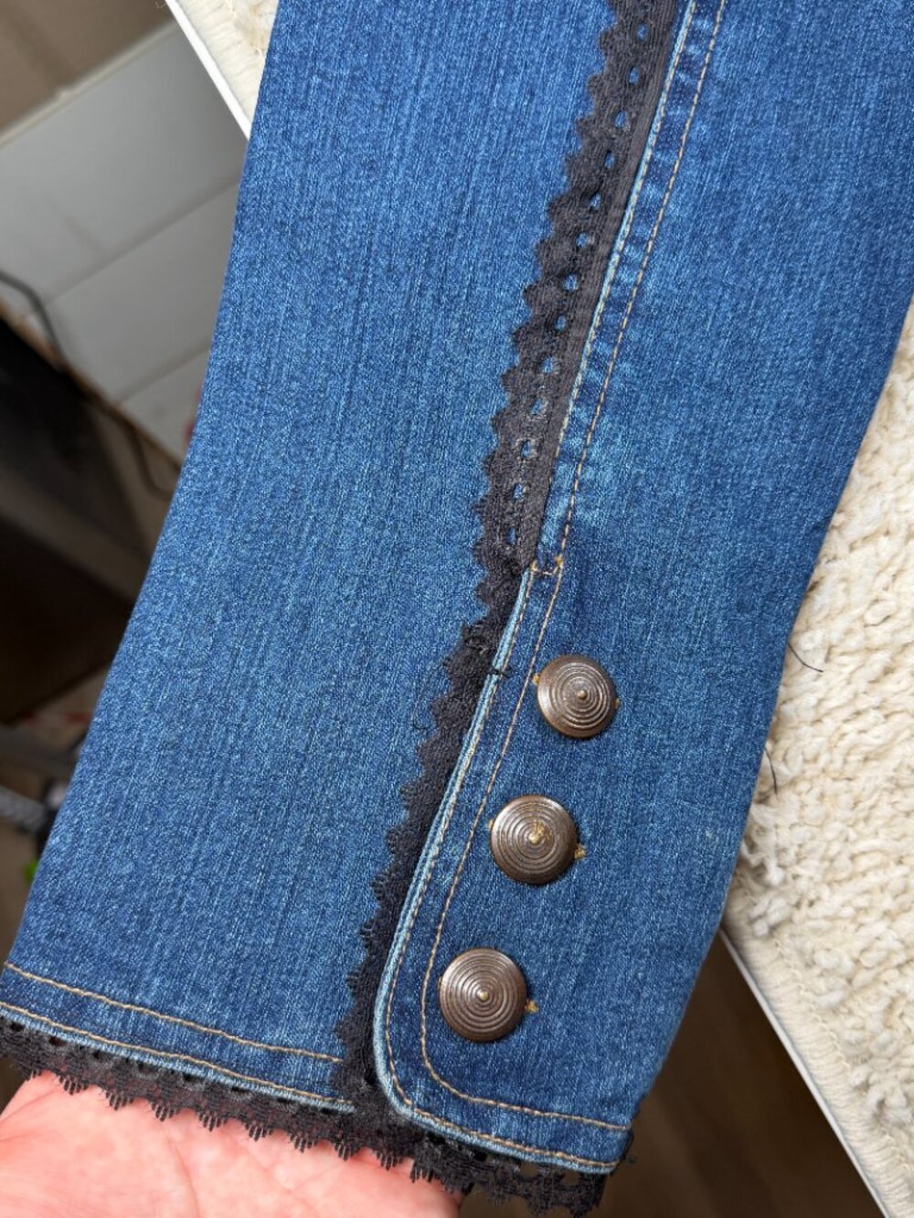 The Pyramid Collection Denim Ruffle Peplum Lace Jacket Women’s M Blue - Picture 4 of 10